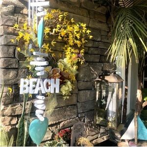 NEW!  “Beach” LARGE Aqua Heart Driftwood Rock Strand